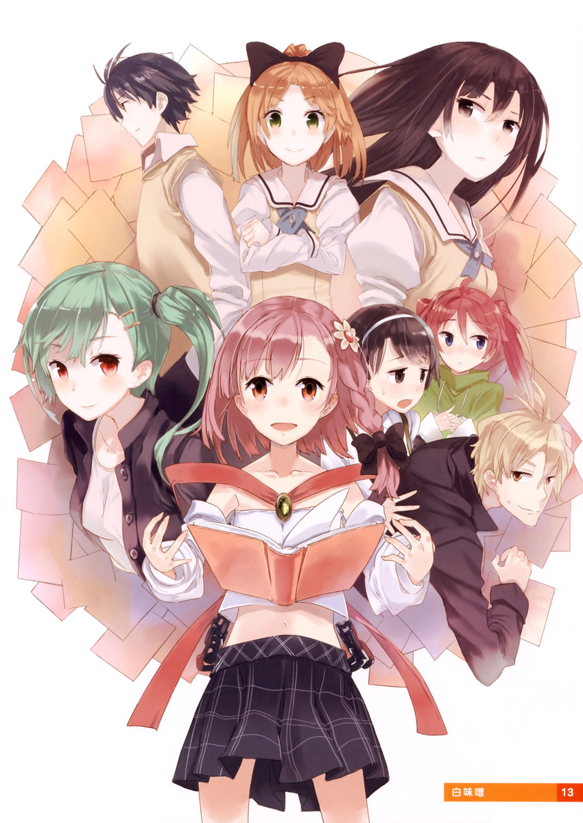 2boys 6+girls :d absurdres ayase_sayuki bare_shoulders black_hair book bow braid brown_eyes brown_hair chain chains character_request crossed_arms detached_sleeves enomoto_kaho fujimura_natsuki green_eyes green_hair hair_bow hair_ornament hairband hairclip highres hirosaki_kanade jacket long_hair midriff minagawa_yuuhi multiple_boys multiple_girls navel open_mouth pink_hair plaid plaid_skirt pleated_skirt ponytail red_eyes school_uniform shiromiso short_hair side_braid side_ponytail skirt smile tank_top twintails your_diary yua_(your_diary)