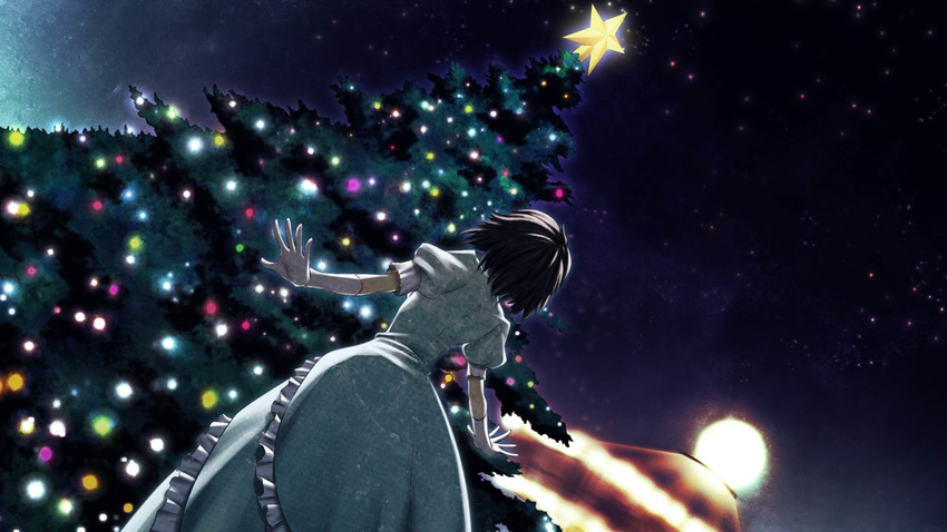 black_hair christmas dress game_cg huke night shiina_mayuri short_hair sky stars steins;gate tagme tree