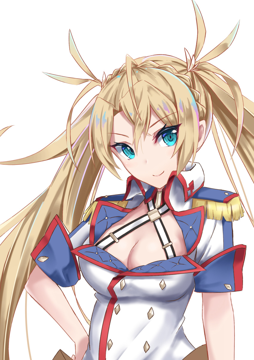 1girl absurdres ahoge bangs blonde_hair blue_eyes bradamante_(fate/grand_order) braid breasts cleavage closed_mouth collared_shirt commentary_request epaulettes fate/grand_order fate_(series) hair_ornament hand_on_hip head_tilt highres long_hair medium_breasts military military_uniform niie shirt short_sleeves sidelocks simple_background smile solo twintails uniform upper_body v-shaped_eyebrows white_background white_shirt