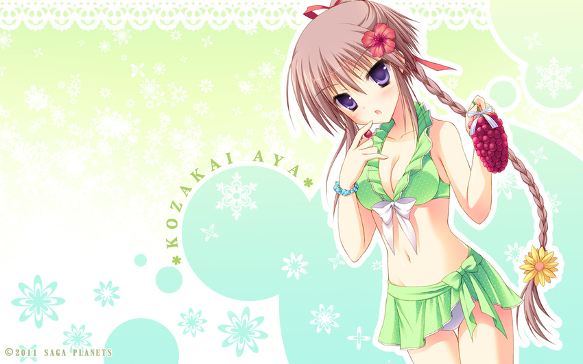 :o bikini blush bracelet braid breasts brown_hair character_name cleavage flower food front-tie_top fruit grapes green_sarong hair_flower hair_ornament hatsuyuki_sakura hibiscus highres jewelry kozakai_aya medium_breasts moribe_(rabumanyo) navel official_art purple_eyes sarong solo swimsuit wallpaper