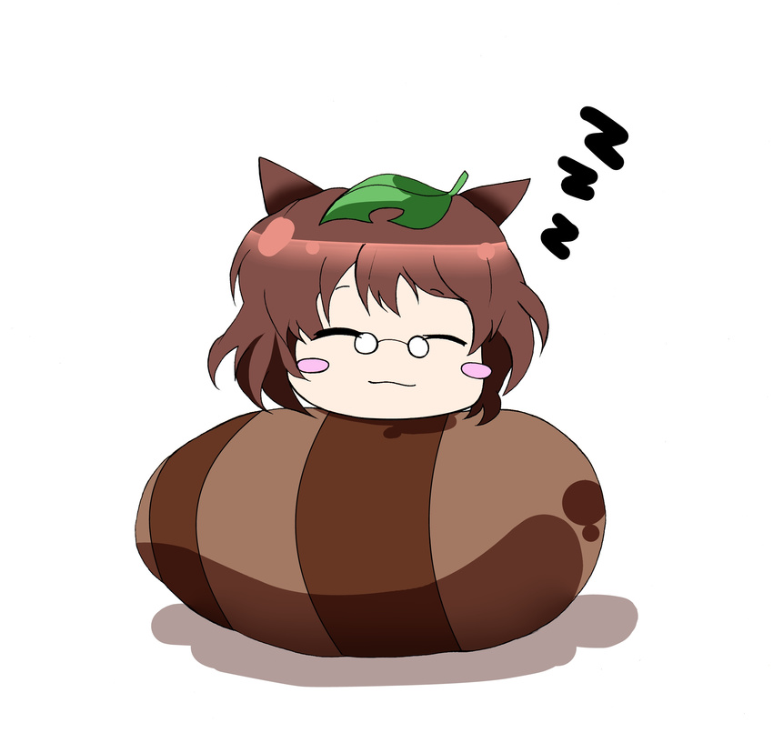 animal_ears blush_stickers brown_hair chibi closed_eyes futatsuiwa_mamizou glasses highres leaf leaf_on_head pince-nez raccoon_ears raccoon_tail short_hair sleeping solo tail takakura_shioto tanuki touhou zzz