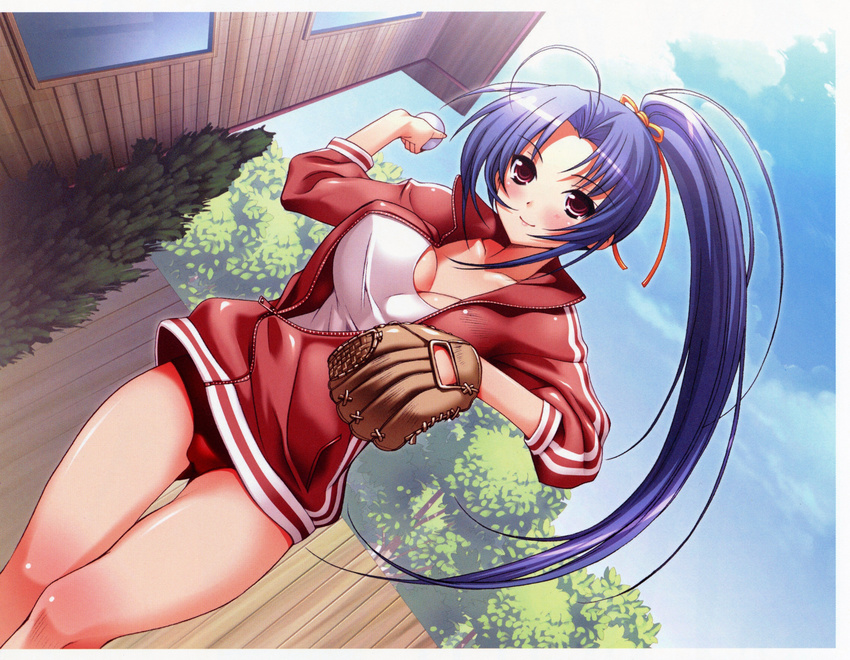 absurdres ahoge baseball baseball_mitt blue_hair blue_sky blush body_blush bouncing_breasts breasts buruma cameltoe cleavage cloud day dutch_angle fence highres house jacket kiya_shii large_breasts long_hair nitta_akira ponytail purple_eyes sakura_sakura sky sleeves_pushed_up smile solo tank_top thigh_gap track_jacket unzipped