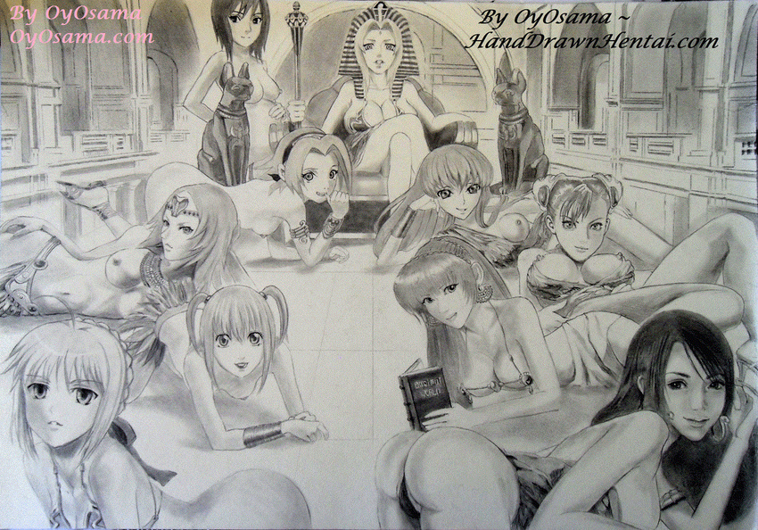 6+girls all_fours amane_misa boa_hancock breasts c.c. capcom cc chun-li claymore cleavage code_geass crossover dead_or_alive death_note egypt egyptian fate/stay_night fate_(series) harem haruno_sakura indoors kasumi kasumi_(doa) large_breasts long_hair looking_at_viewer miria monochrome multiple_girls naruto nemes nipples nude one_piece oyosama pregnant saber shizune_(naruto) short_hair small_breasts smile street_fighter topless tsunade