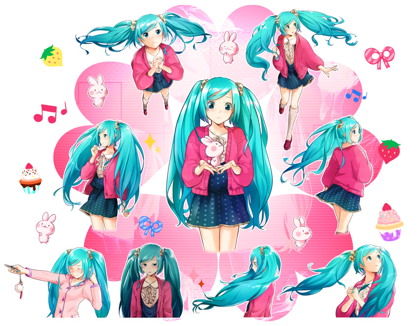 aqua_eyes aqua_hair blush bunny cardigan cellphone downcast_eyes floating_hair from_above hands_together hatsune_miku highres kneehighs long_hair looking_up matsuda_suzuri multiple_views perspective phone scrunchie skirt striped striped_legwear twintails vertical-striped_legwear vertical_stripes very_long_hair vocaloid