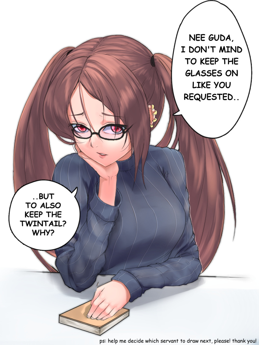 1girl 2ndeminence akuta_hinako bangs black-framed_eyewear blue_sweater book brown_hair chin_rest commentary consort_yu_(fate) earrings english english_commentary fate/grand_order fate_(series) glasses highres jewelry long_hair parted_bangs red_eyes solo speech_bubble striped striped_sweater sweater turtleneck twintails