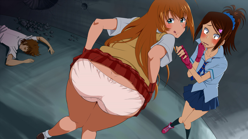 ass bachou_mouki blush brown_hair green_eyes highres hinoki ikkitousen orange_hair panties school_uniform skirt sonsaku_hakufu underwear