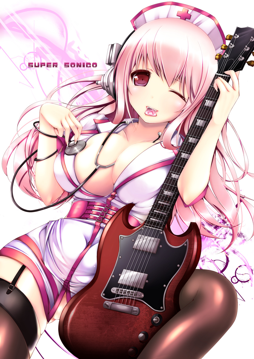 belt between_breasts breasts character_name cleavage electric_guitar garter_straps guitar hat headphones highres huge_breasts instrument long_hair mouth_hold nitroplus nurse nurse_cap one_eye_closed pink_eyes pink_hair plectrum solo stethoscope super_sonico thighhighs yuncha