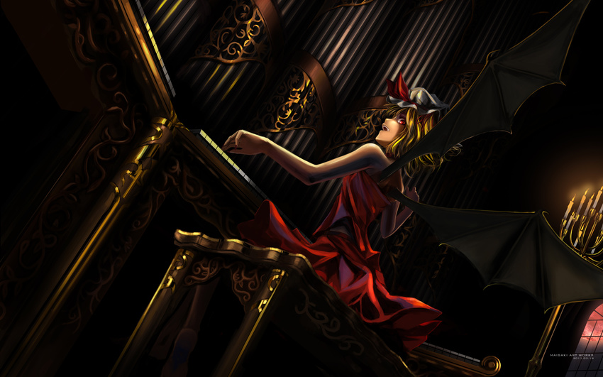 alternate_costume bare_shoulders barefoot bat_wings blonde_hair candelabra candle choker dress fang flandre_scarlet from_behind hair_ribbon hat hat_ribbon highres indoors instrument looking_back maisaki moon open_mouth organ pipe_organ red_eyes red_moon ribbon short_hair sitting skirt skirt_set solo stool touhou window wings