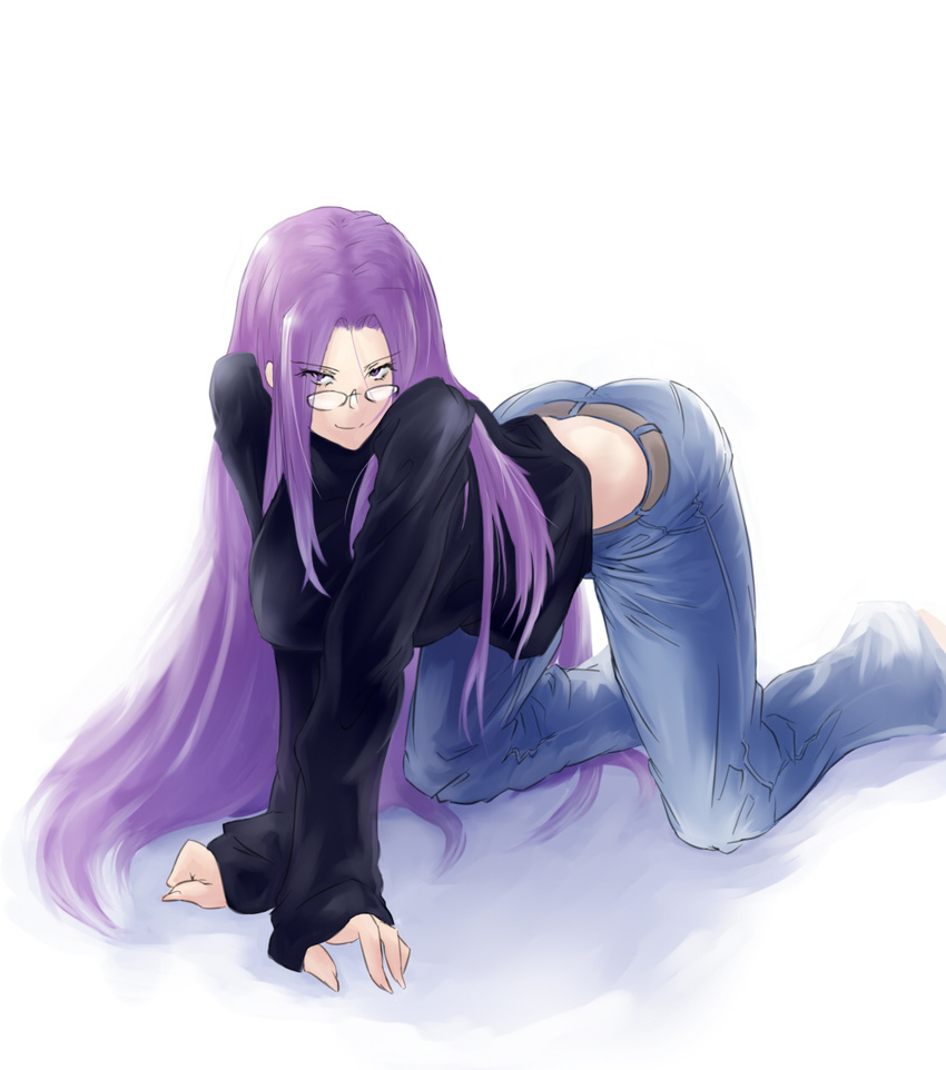 all_fours ass baggy_clothes breasts denim fate/stay_night fate_(series) glasses highres jeans large_breasts long_hair negresco pants pince-nez purple_eyes purple_hair rider seductive_smile smile solo sweater very_long_hair