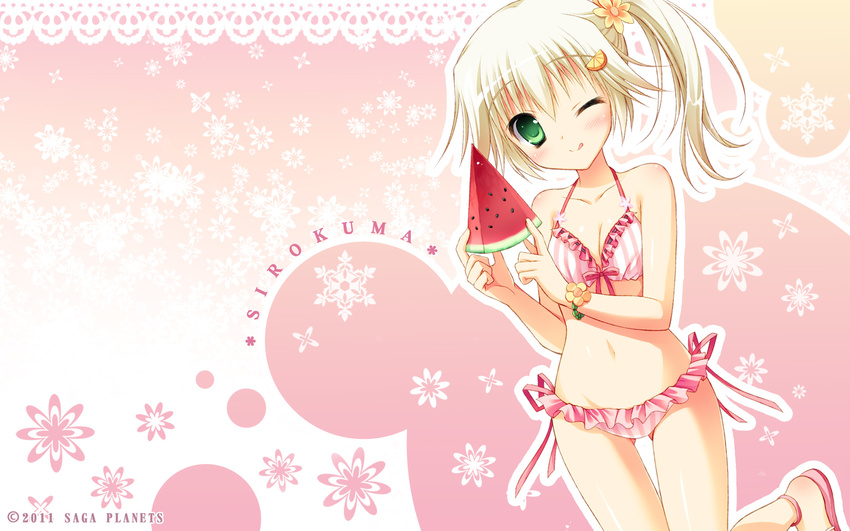 ;q bikini blush bracelet breasts character_name cleavage food front-tie_top fruit green_eyes hatsuyuki_sakura highres jewelry medium_breasts moribe_(rabumanyo) official_art one_eye_closed sandals shiny shiny_skin shirokuma_(hatsuyuki_sakura) side-tie_bikini side_ponytail silver_hair solo striped striped_bikini swimsuit thigh_gap tongue tongue_out vertical-striped_bikini vertical_stripes watermelon