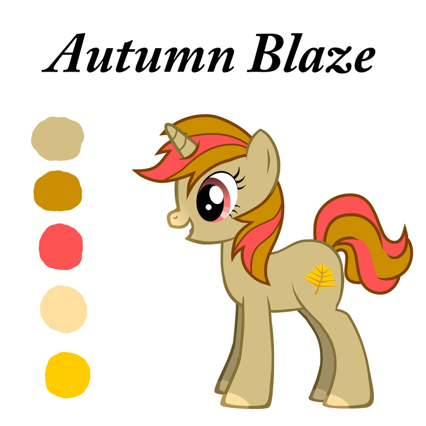 autumn_blaze cutie_mark english_text equine female feral friendship_is_magic fur hair horn mammal my_little_pony open_mouth original_character original_pony plain_background red_eyes solo tan_fur text two_tone_hair unicorn white_background