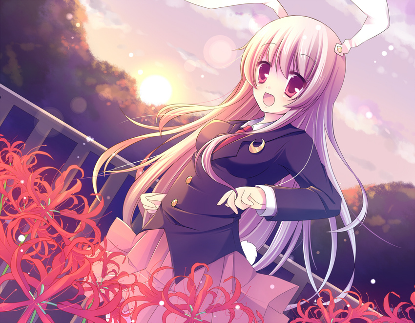 animal_ears bad_id bad_pixiv_id blush bunny_ears cloud crescent dusk flower long_hair muku_(apupop) necktie purple_hair red_eyes reisen_udongein_inaba skirt smile solo spider_lily sun sunset touhou