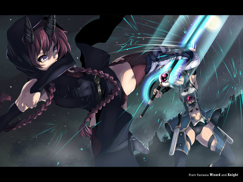 battle blue_eyes braid copyright_name detached_sleeves duel fukai_ryousuke highres hood horns kicking letterboxed long_hair multiple_girls one_eye_closed pixiv_fantasia pixiv_fantasia_wizard_and_knight purple_eyes red_hair silver_hair sparks sword twin_braids wallpaper weapon wince