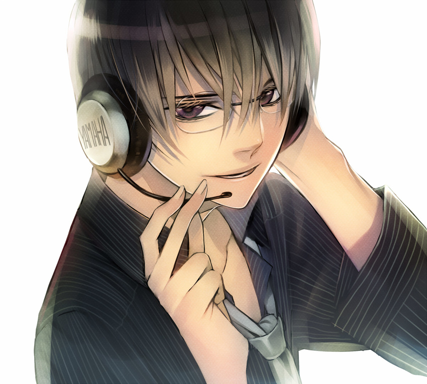 brown_eyes brown_hair face formal glasses hands headset hiyama_kiyoteru male_focus necktie shijuu_hachi simple_background solo suit vocaloid