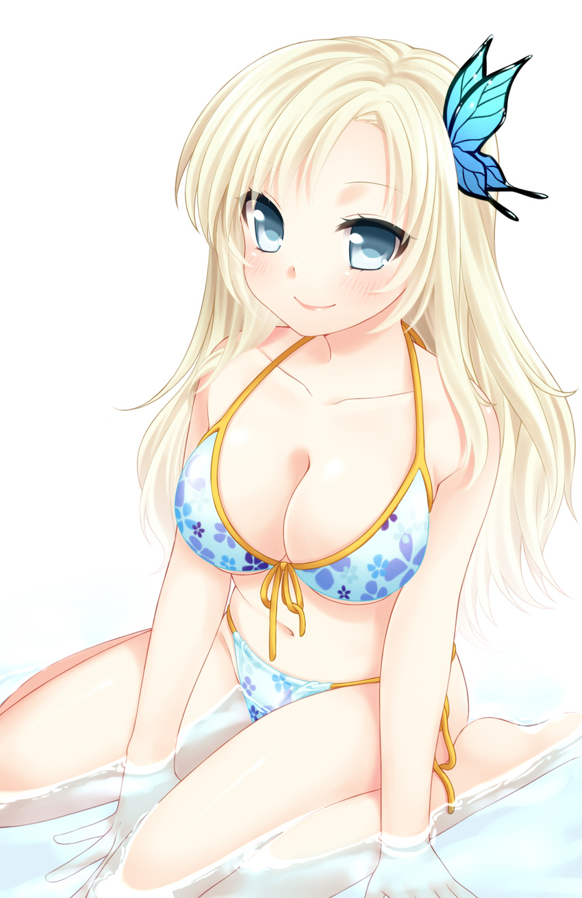 bad_id bad_pixiv_id bikini blonde_hair blue_bikini blue_eyes blush boku_wa_tomodachi_ga_sukunai breasts butterfly_hair_ornament cleavage collarbone etou_(cherry7) front-tie_top hair_ornament highres kashiwazaki_sena large_breasts long_hair looking_at_viewer navel partially_submerged side-tie_bikini simple_background sitting smile solo swimsuit wariza water