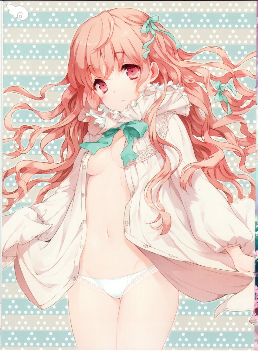 1girl absurdres bow breasts curly_hair cuteg dress hair_ribbon highres lace-trimmed_panties long_hair navel no_bra open_clothes open_dress original panties pink_eyes pink_hair ribbon solo thigh_gap thighs underwear white_panties