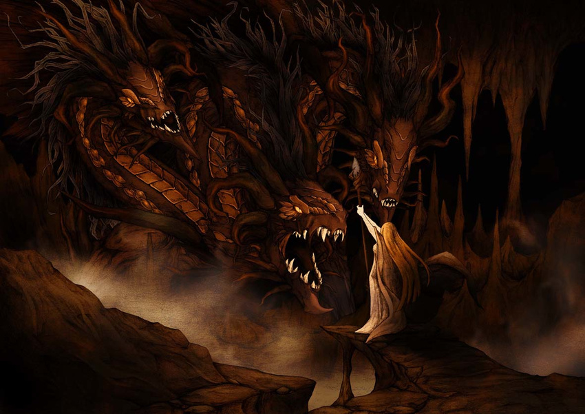 bolt0002 cave dust fangs horns hydra long_hair monster multiple_heads nude orange_eyes orange_hair original roaring scales solo teeth