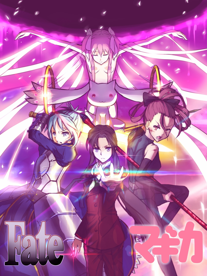 akemi_homura artoria_pendragon_(all) cosplay creator_connection crossover fate/zero fate_(series) gae_dearg gem highres kaname_madoka kyubey lancer_(fate/zero) lancer_(fate/zero)_(cosplay) mahou_shoujo_madoka_magica miki_sayaka multiple_girls parody polearm saber saber_(cosplay) sakura_kyouko soul_gem spear tears tera_l toosaka_tokiomi toosaka_tokiomi_(cosplay) urobuchi_gen weapon weapon_connection