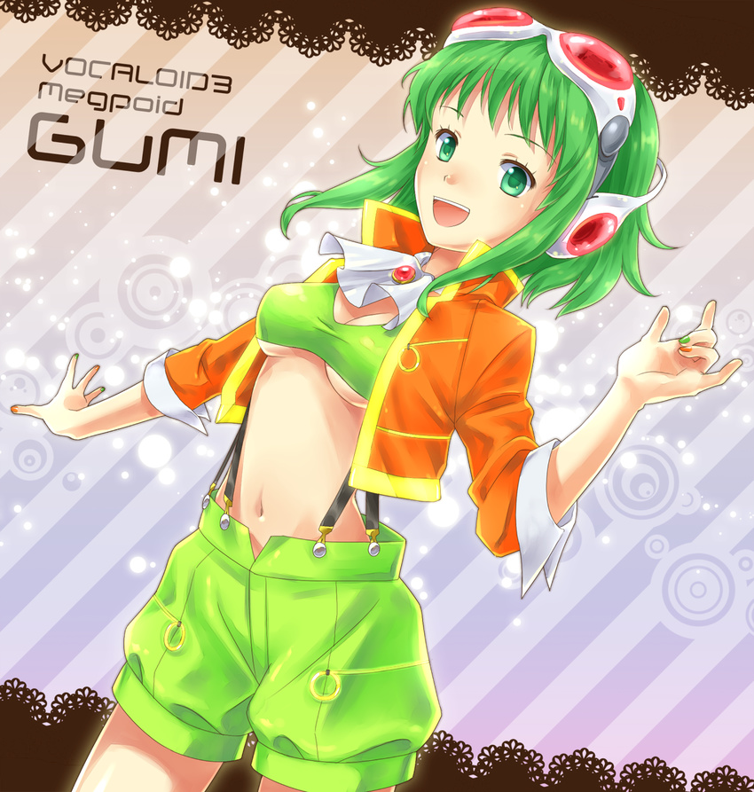 asami_(undoundo) breasts character_name copyright_name goggles goggles_on_head green_eyes green_hair gumi headphones highres jacket medium_breasts megpoid_(vocaloid3) midriff nail_polish navel open_mouth short_hair shorts smile solo suspenders underboob vocaloid