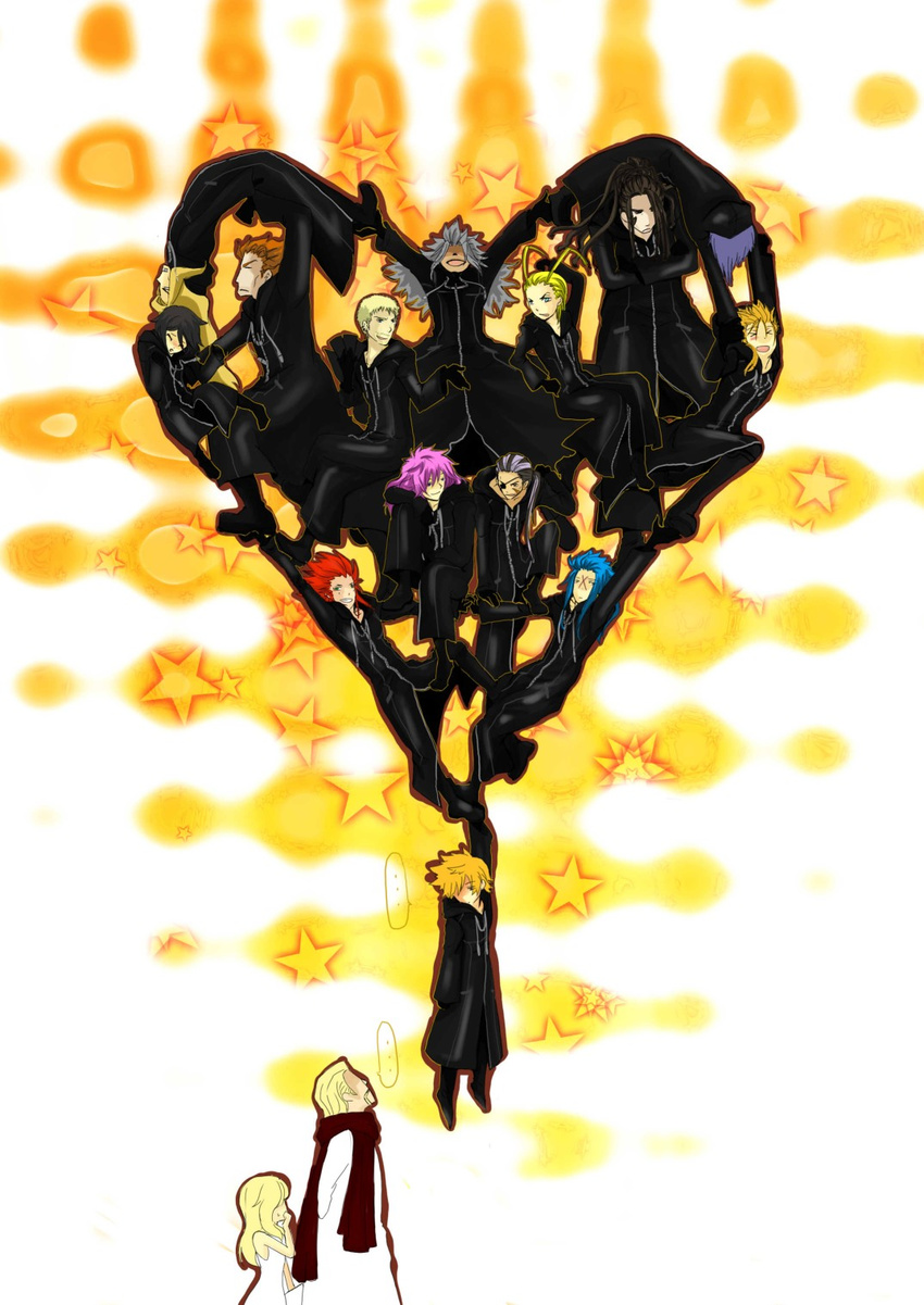 &gt;_&lt; 3girls 6+boys ansem_the_wise axel_(kingdom_hearts) beard black_coat_(kingdom_hearts) black_hair blonde_hair blue_eyes blue_hair brown_hair cloak closed_eyes dark_skin demyx earrings eyepatch facial_hair facial_mark gloves green_eyes grey_hair highres jewelry kingdom_hearts kingdom_hearts_358/2_days larxene lexaeus long_hair luxord marluxia multiple_boys multiple_girls namine organization_xiii pink_hair ponytail red_hair roxas saix scar scarf short_hair silver_hair tenkatsukyu vexen xaldin xemnas xigbar xion_(kingdom_hearts) yellow_eyes zexion