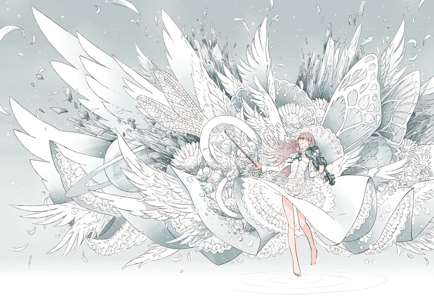 arakawa_(aintnoroom) barefoot butterfly_wings crystal dress feathers flower frilled_dress frills gathers hair_over_one_eye insect_wings instrument legs long_hair monochrome original petals purple_hair red_eyes ripples skirt skirt_lift solo spot_color too_many too_many_frills violin white_dress wings