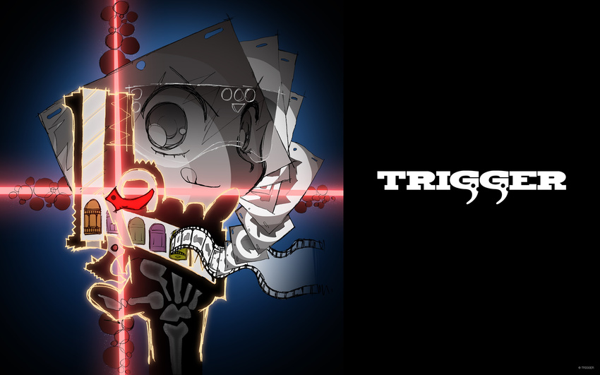 :q bone bullet film_cartridge film_strip gun handgun hands highres imaishi_hiroyuki light_rays logo official_art promotional_art shooting_glasses tongue tongue_out trigger-chan trigger_(company) triggertop visor wallpaper weapon x-ray