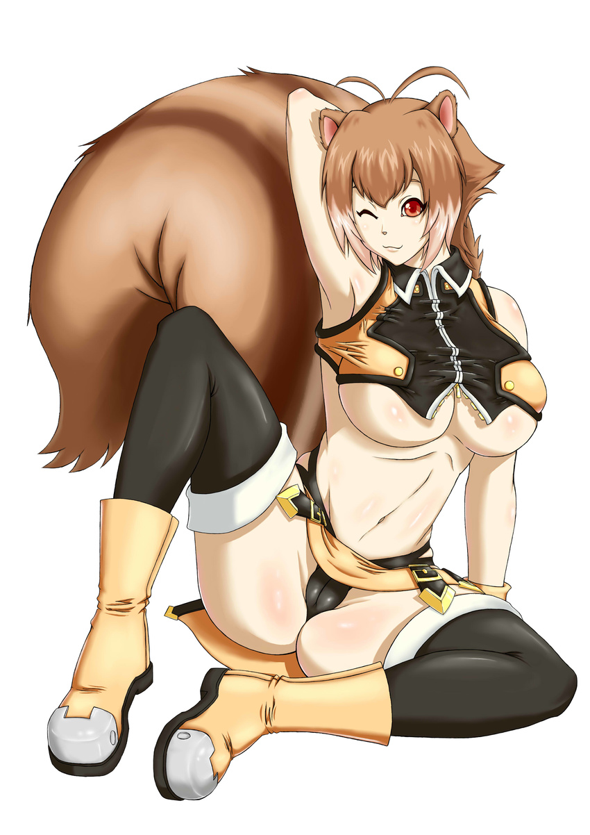 absurdres animal_ears antenna_hair arm_up armpits ass bare_shoulders blazblue boots breasts brown_hair crop_top fingerless_gloves gloves highres large_breasts makoto_nanaya maxlinkmax microskirt midriff navel one_eye_closed orange_skirt red_eyes revealing_clothes short_hair skirt solo squirrel_ears squirrel_tail tail thick_thighs thighhighs thighs underboob