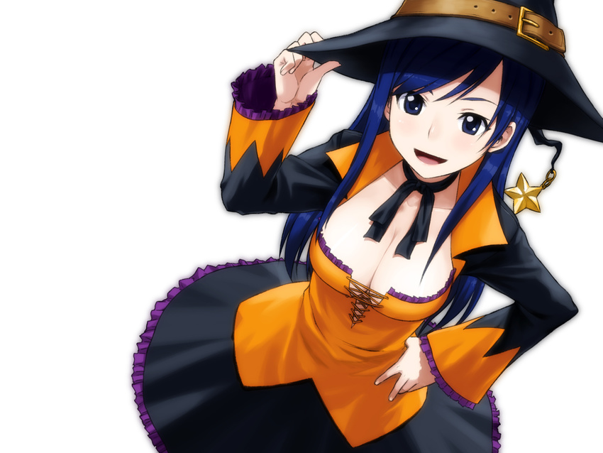 blue_eyes blue_hair breasts cleavage dream_c_club dream_c_club_(series) dream_c_club_zero halloween hand_on_headwear hand_on_hip hands hat highres large_breasts no_bra open_mouth reika_(dream_c_club) simple_background smile solo tachibana_roku witch_hat