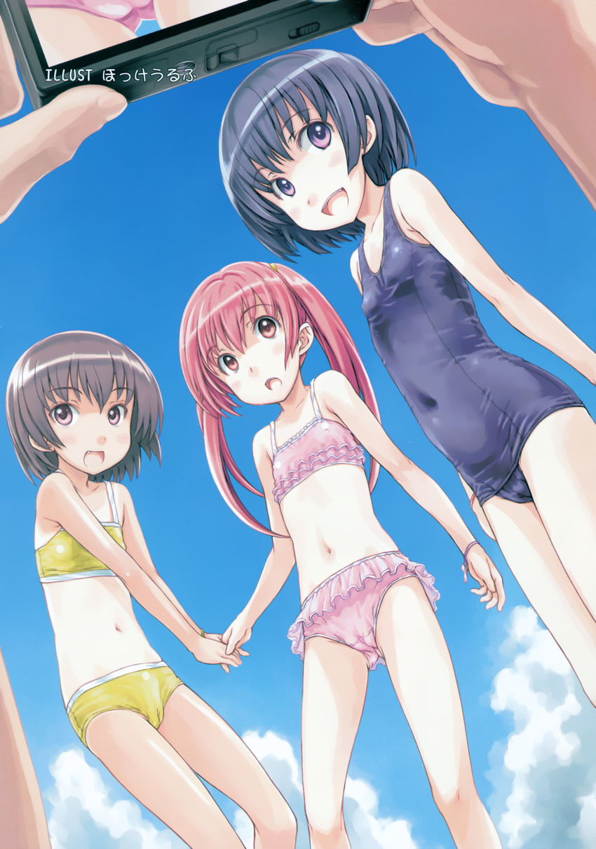 :d bikini black_hair blush bob_cut bracelet brown_eyes brown_hair cameltoe camera child cloud comic_rin covered_navel covered_nipples day fang flat_chest focke_wulf frilled_bikini frilled_swimsuit frills from_below highres holding_hands jewelry long_hair multiple_girls navel one-piece_swimsuit one-piece_tan open_mouth original purple_eyes red_eyes red_hair school_swimsuit short_hair sky smile swimsuit tan tanline twintails