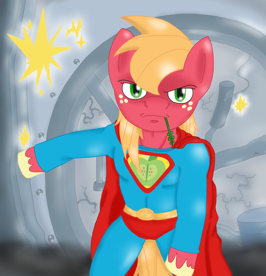 apple big_macintosh_(mlp) cape costume equine friendship_is_magic fruit horse legwear looking_at_viewer male mammal muscles my_little_pony pony solo superhero tights