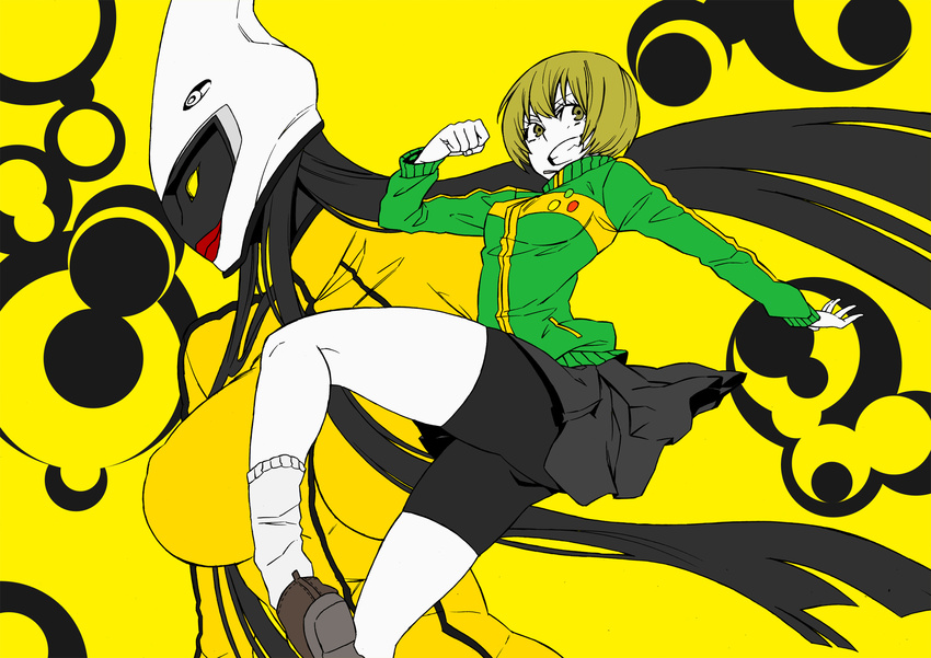 bad_id bad_pixiv_id bike_shorts black_hair black_skin bodysuit brown_eyes brown_hair bruce_lee's_jumpsuit green_shirt grin helmet highres iro_marimo kung_fu lips long_hair long_sleeves pale_skin persona persona_4 profile satonaka_chie shirt short_hair skirt smile socks sweater teeth tomoe_(persona_4) white_legwear yellow_bodysuit yellow_eyes