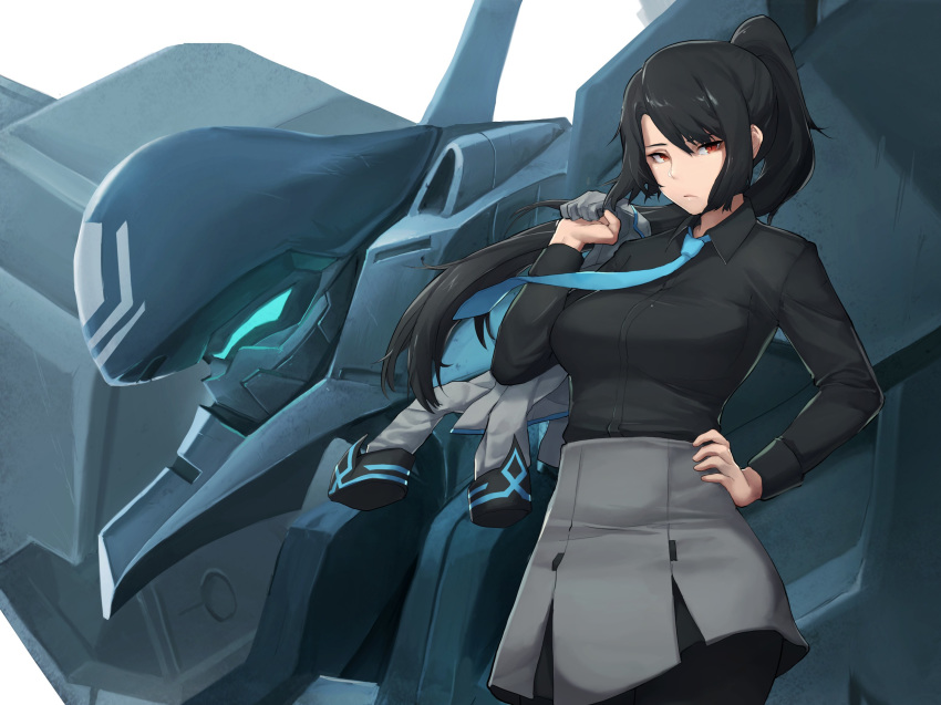 1girl bangs black_hair black_shirt blue_neckwear breasts closed_mouth collared_shirt commentary commission dress_shirt english_commentary grey_skirt high_ponytail highres holding holding_jacket jacket jacket_over_shoulder large_breasts long_hair looking_at_viewer mecha naoko_(9113419) orange_eyes original pantyhose pencil_skirt ponytail robot shirt skirt solo standing