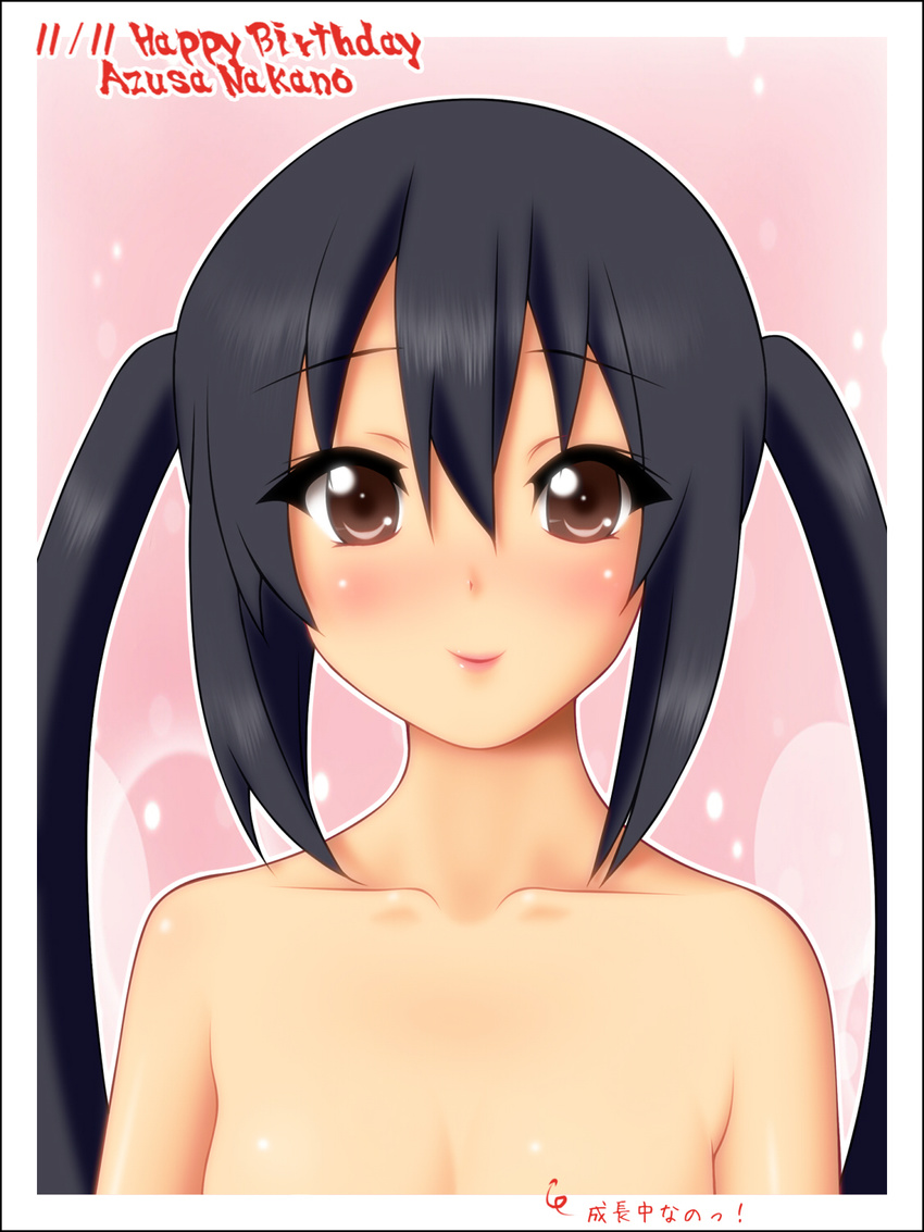 black_hair blush brown_eyes flat_chest highres k-on! kimuti-g long_hair looking_at_viewer nakano_azusa nude smile solo twintails