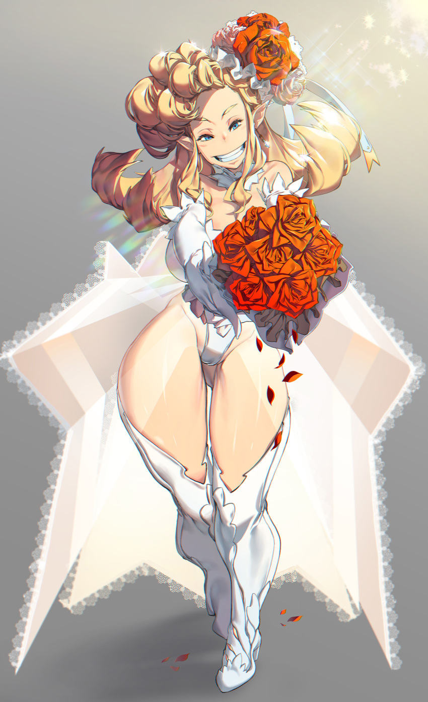 1girl absurdres bare_shoulders blonde_hair blue_eyes boots bouquet breasts bridal_veil cameltoe cleavage commentary commentary_typo detached_collar dress earrings elbow_gloves elf english_commentary eureka_brider flipped_hair flower forehead gloves gluteal_fold grin hair_flower hair_ornament head_tilt highleg highleg_leotard highres huge_breasts jewelry lens_flare leotard long_hair looking_at_viewer original outstretched_arms petals pointy_ears pompadour shiny shiny_skin smile solo thick_thighs thigh_boots thighhighs thighs veil wedding_dress white_footwear white_gloves white_leotard