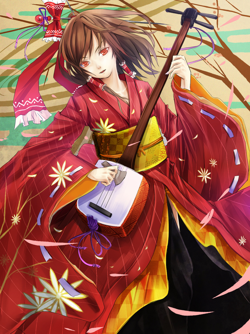 alternate_costume bachi bad_id bad_pixiv_id brown_hair hair_ornament hair_stick hair_tubes hakurei_reimu highres instrument japanese_clothes kimono obi plectrum red_eyes reio_reio sash shamisen solo touhou