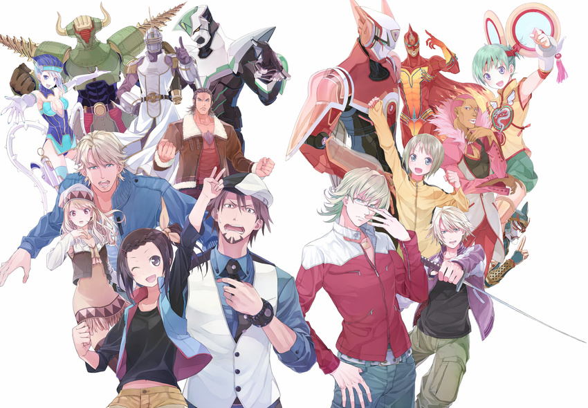 6+boys antonio_lopez barnaby_brooks_jr blue_rose_(tiger_&amp;_bunny) dragon_kid dual_persona everyone fire_emblem_(tiger_&amp;_bunny) highres huang_baoling ivan_karelin kaburagi_kaede kaburagi_t_kotetsu karina_lyle katana keith_goodman multiple_boys multiple_girls nathan_seymour one_eye_closed origami_cyclone power_armor power_suit rock_bison sky_high sword tiger_&amp;_bunny weapon wild_tiger yuguru