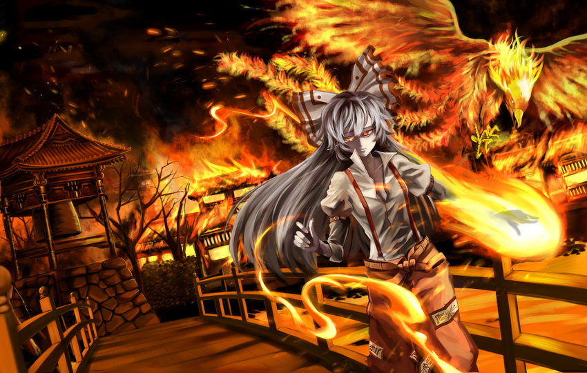 bad_id bad_pixiv_id bell_tower bird bow breasts bridge burning_hand cleavage emerane fire flame fujiwara_no_mokou glowing glowing_eyes hair_bow highres long_hair open_clothes open_shirt pants phoenix red_eyes shirt silver_hair small_breasts solo suspenders tears touhou town