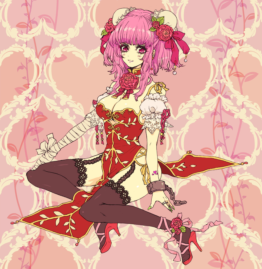 absurdres adapted_costume bad_id bad_pixiv_id bandages black_legwear bracelet breasts bun_cover china_dress chinese_clothes cleavage detached_collar detached_sleeves double_bun dress fingernails flower garter_straps hair_flower hair_ornament hair_ribbon high_heels highres ibaraki_kasen jewelry large_breasts lips lipstick long_fingernails makeup nail_polish pink_flower pink_hair pink_lipstick pink_rose ribbon ring rose sharp_fingernails shoes side_slit solo thighhighs touhou yutsumoe