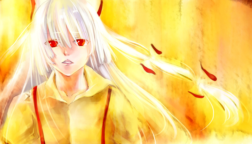 fujiwara_no_mokou hair_ribbon mosuke red_eyes ribbon sad solo suspenders touhou yellow