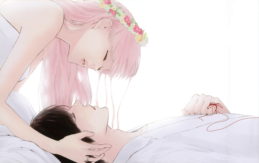 1girl absurdres bangs bare_arms bare_shoulders black_hair closed_eyes dress eyelashes from_side hand_on_another's_head hand_on_own_chest head_wreath highres jewelry just_be_friends_(vocaloid) long_hair megurine_luka parted_lips pink_hair profile red_string ring shirt simple_background strapless strapless_dress string vocaloid white_background white_dress white_shirt yunomi_(yunomi_imonuy)