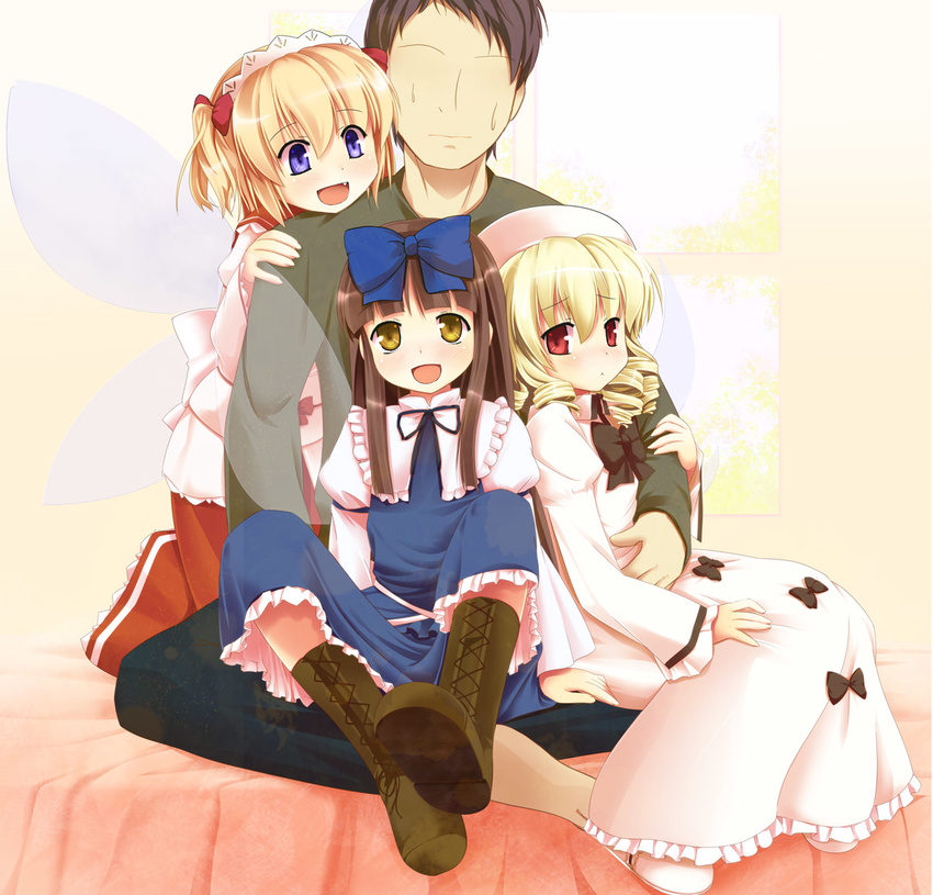 3girls :&lt; :d blonde_hair boots faceless faceless_male fang girl_sandwich hug luna_child multiple_girls niiya open_mouth sandwiched sitting sitting_on_lap sitting_on_person smile star_sapphire sunny_milk touhou