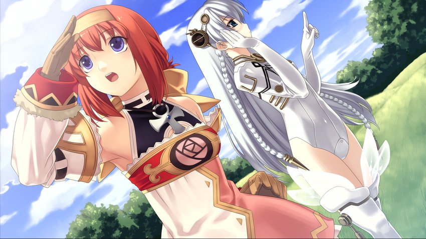 ankh ar_tonelico ar_tonelico_i arm_strap armpits bangs bare_shoulders blue_eyes braid breasts brown_gloves cloud cross_edge crossover day detached_sleeves dress dutch_angle from_side fur_trim game_cg gloves grass hair_between_eyes hairband halterneck hand_on_hip hand_on_own_cheek hand_up headgear hirano_katsuyuki jewelry lace leotard long_hair looking_afar looking_to_the_side looking_up meu_(spectral_souls) multiple_girls necklace orange_hair outdoors pointing profile see-through shading_eyes short_hair shurelia sky sleeve_cuffs small_breasts spectral_(series) spectral_souls standing thighhighs tree very_long_hair white_hair white_legwear
