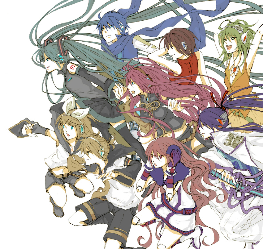 6+girls aqua_eyes aqua_hair blonde_hair blue_eyes blue_hair blue_scarf brown_hair detached_sleeves everyone fleur-de-lis green_eyes green_hair gumi hair_ornament hair_ribbon hairclip hatsune_miku headphones kagamine_len kagamine_rin kaito kamui_gakupo long_hair megurine_luka meiko multiple_boys multiple_girls pink_hair ponytail purple_hair red_eyes red_hair ribbon scarf sf-a2_miki short_hair shorts skirt smile thighhighs twintails very_long_hair vocaloid