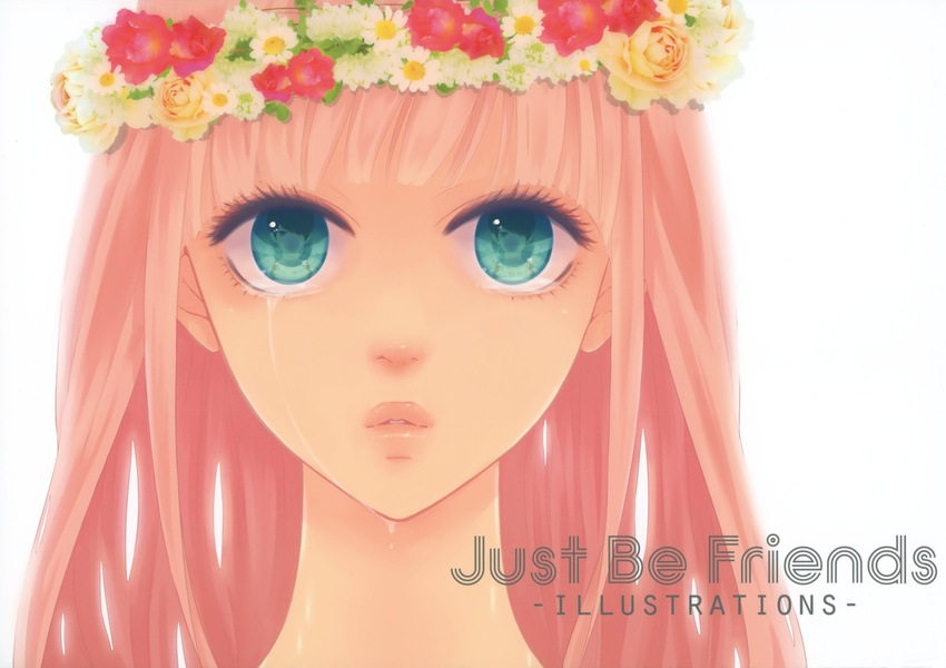 absurdres alternate_hairstyle aqua_eyes bangs blunt_bangs copyright_name crying crying_with_eyes_open eye_reflection eyelashes face flower head_wreath highres just_be_friends_(vocaloid) lips long_hair looking_at_viewer megurine_luka parted_lips pink_hair portrait pov reflection reflective_eyes simple_background solo tears vocaloid white_background yunomi_(yunomi_imonuy)