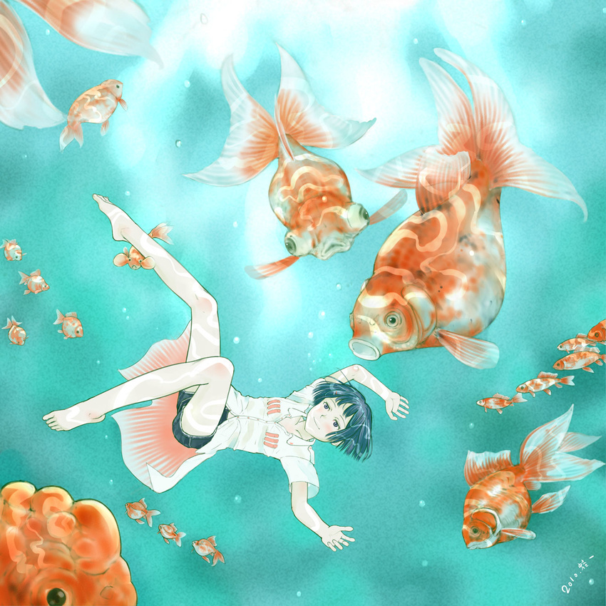 aihara_kaichi barefoot black_hair bob_cut feet fish goldfish highres legs long_legs original short_hair solo underwater