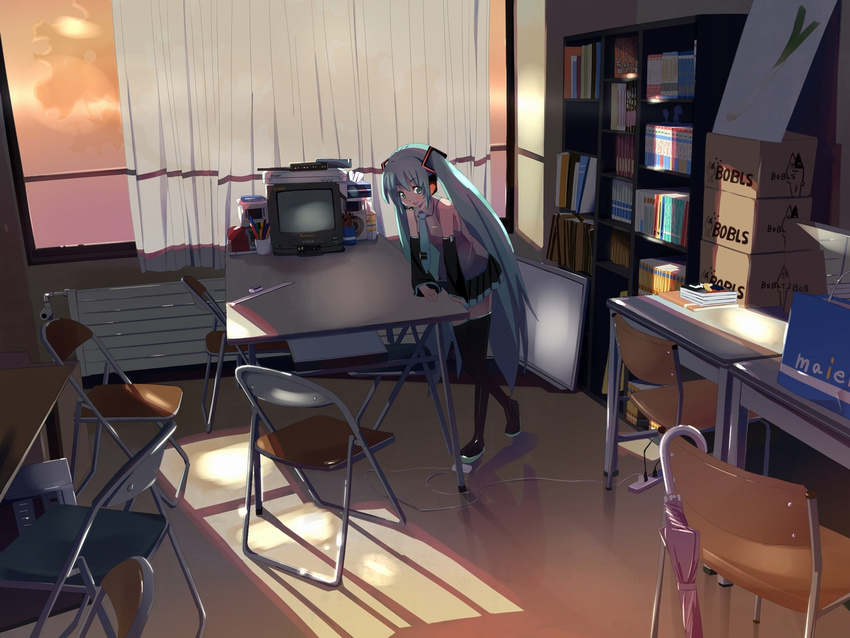 aqua_eyes aqua_hair bad_id bad_pixiv_id box cardboard_box chair curtains detached_sleeves hatsune_miku headphones headset indoors long_hair necktie skirt smile solo sunset television thighhighs twintails very_long_hair vocaloid window yumahirai