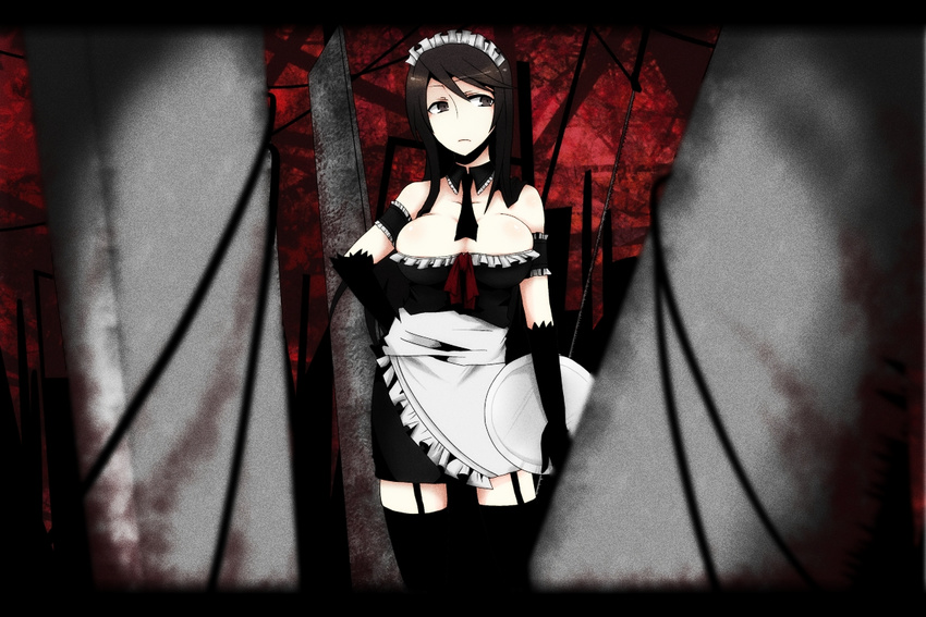 alternate_costume arm_garter bad_id bad_pixiv_id black_hair black_legwear breasts brown_eyes cleavage durarara!! elbow_gloves enmaided gloves kona_sleipnir large_breasts long_hair maid maid_headdress miniskirt skirt solo thighhighs yagiri_namie zettai_ryouiki