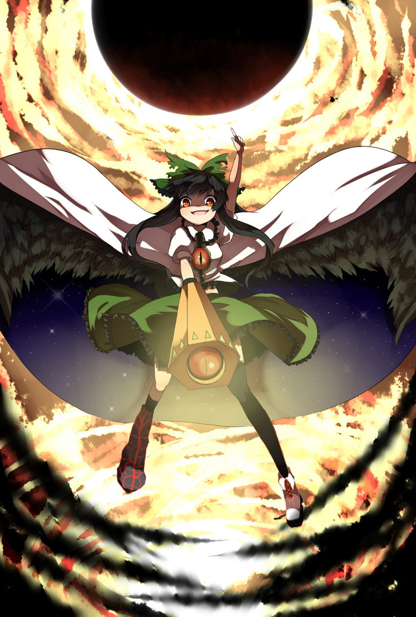arm_cannon arm_up asymmetrical_clothes black_hair black_sun cape evil_smile floating foreshortening hand_up highres long_hair mikan_(ama_no_hakoniwa) mismatched_footwear pointing red_eyes reiuji_utsuho slit_pupils smile solo sun touhou weapon wings