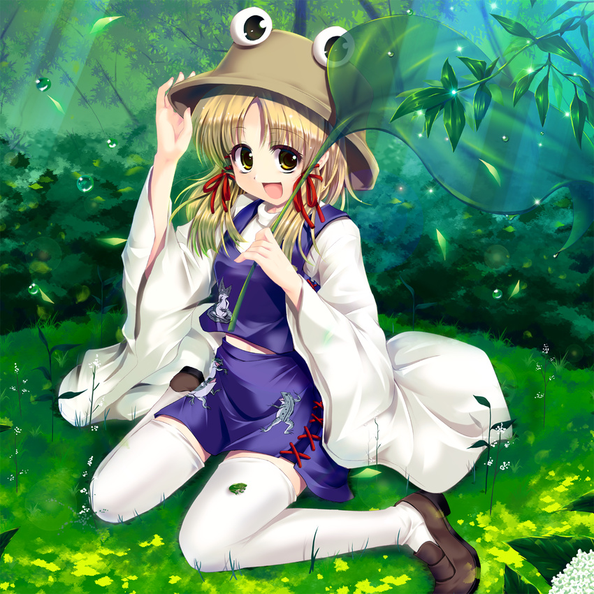 :d bad_id bad_pixiv_id blonde_hair cetera eyes frog hand_on_headwear hat highres leaf_umbrella light_rays moriya_suwako open_mouth short_hair sitting smile solo sunbeam sunlight thighhighs touhou wariza water_drop yellow_eyes