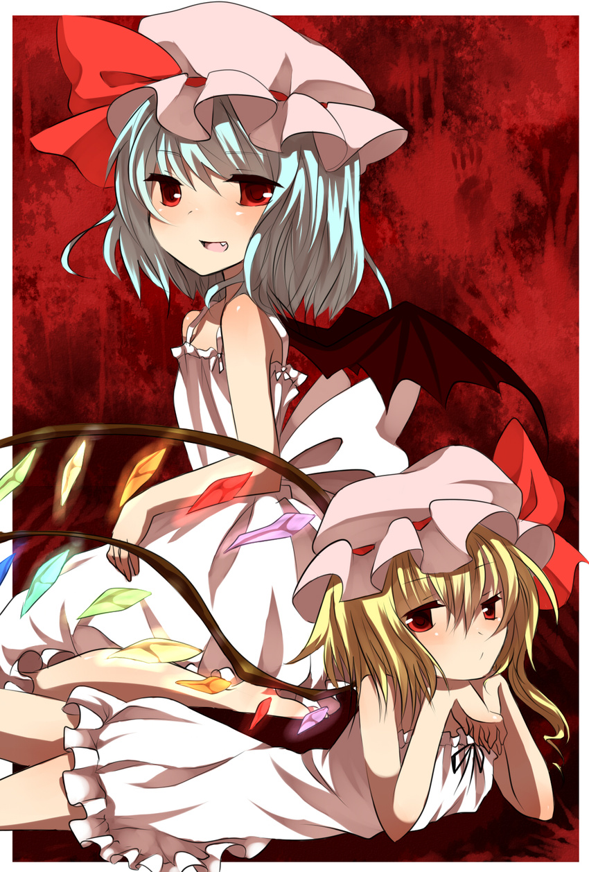 :/ alternate_costume arm_support blonde_hair blue_hair fang flandre_scarlet hat highres lying mikan_(ama_no_hakoniwa) multiple_girls on_stomach open_mouth red_eyes remilia_scarlet short_hair siblings sisters skirt smile touhou white_skirt wings